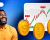 A man who is happy and starting at different forex currencies